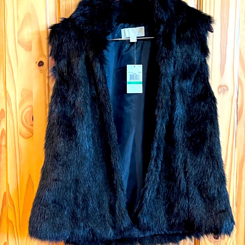 Michael Kors black faux fur sleeveless long vest, large
